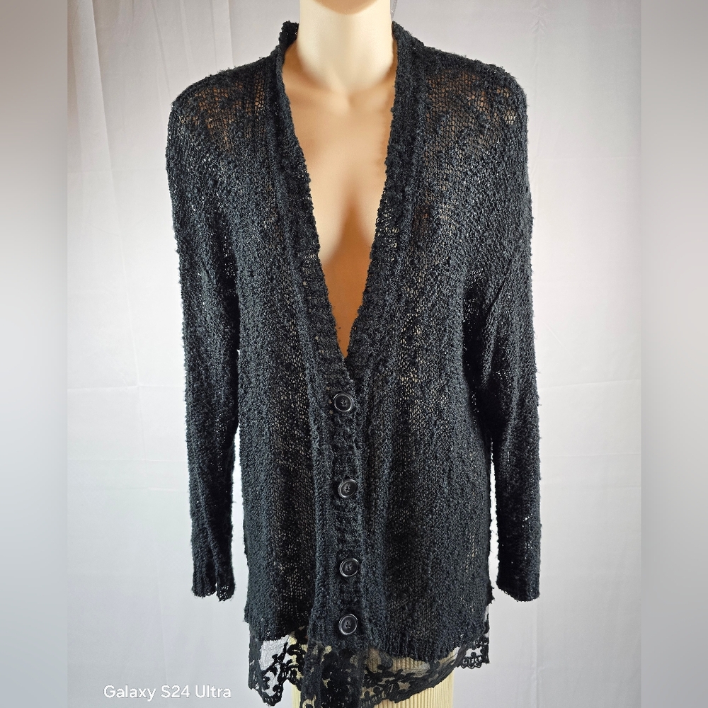 Olivia Sky Black Sweater/Cardigan with Lace Trim. Sz 1X Like New Condition